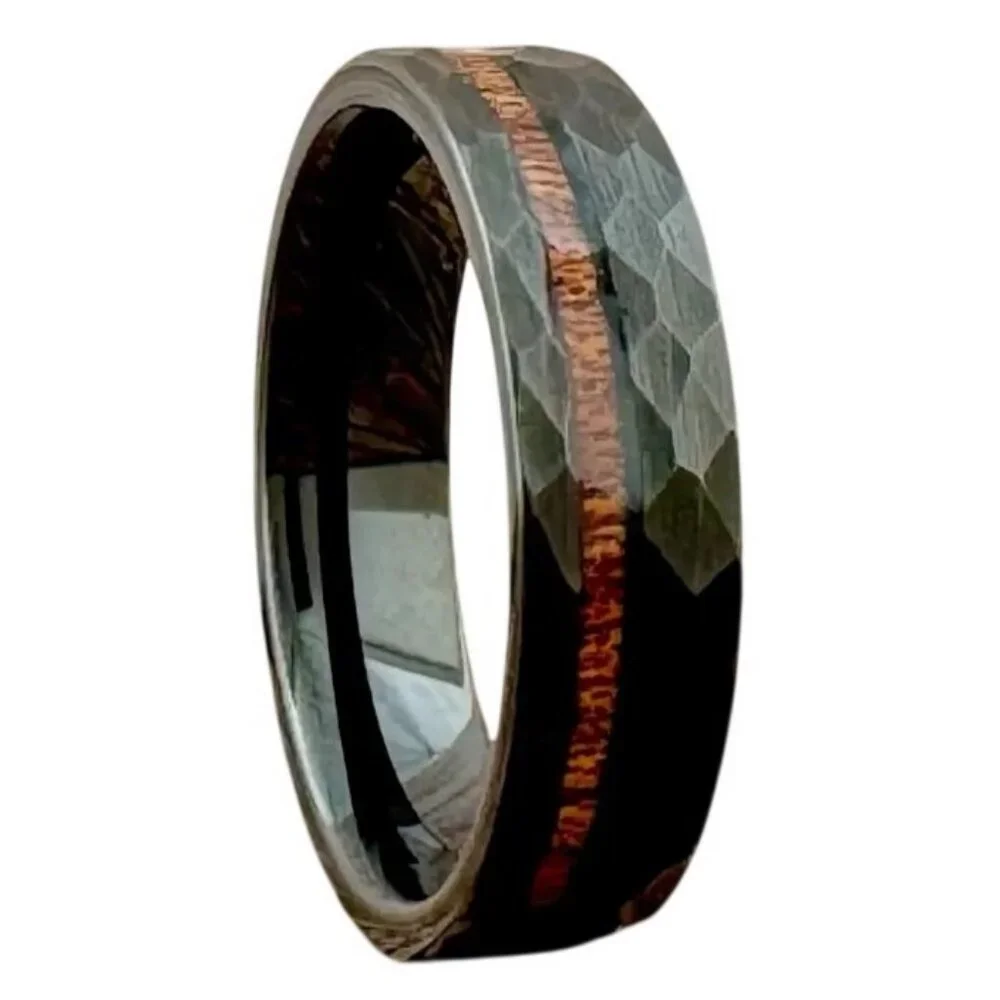 Hammered Tungsten Carbide Koa Wood Inlay Channel Wedding engagement ring